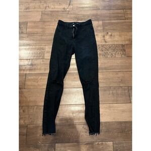 Zara Black Distressed High Rise Skinny Jeans Ripped Knee Raw‎ Hem Size 4